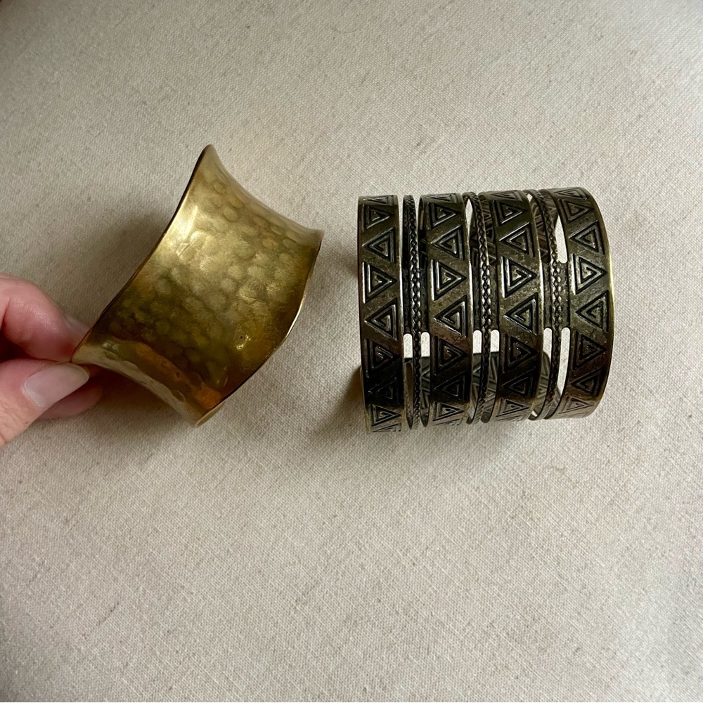 Gold Tone Cuff Bracelets Hammered and Etched